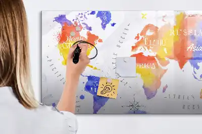 Tablă magnetică cu ștergere uscată harta lumii în acuarelă