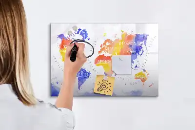 Tablă magnetică cu ștergere uscată harta lumii în acuarelă