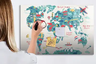 Tablă magnetică cu ștergere uscată cu harta lumii ilustrată