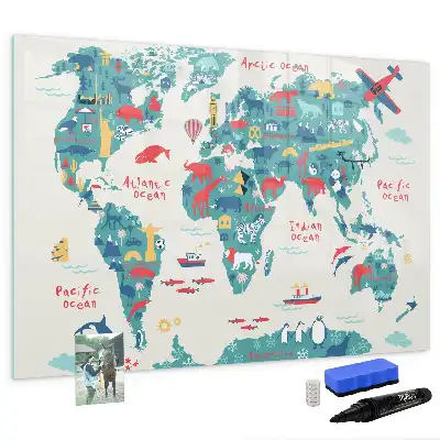 Tablă magnetică cu ștergere uscată cu harta lumii ilustrată