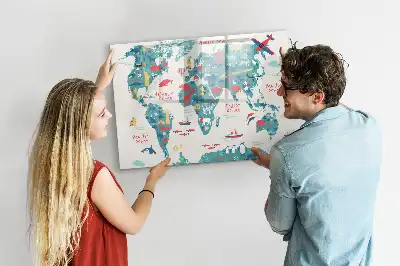 Tablă magnetică cu ștergere uscată cu harta lumii ilustrată