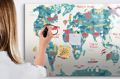 Tablă magnetică cu ștergere uscată cu harta lumii ilustrată