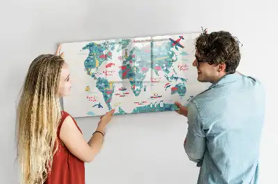 Tablă magnetică cu ștergere uscată cu harta lumii ilustrată
