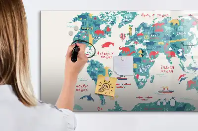 Tablă magnetică cu ștergere uscată cu harta lumii ilustrată