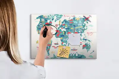 Tablă magnetică cu ștergere uscată cu harta lumii ilustrată
