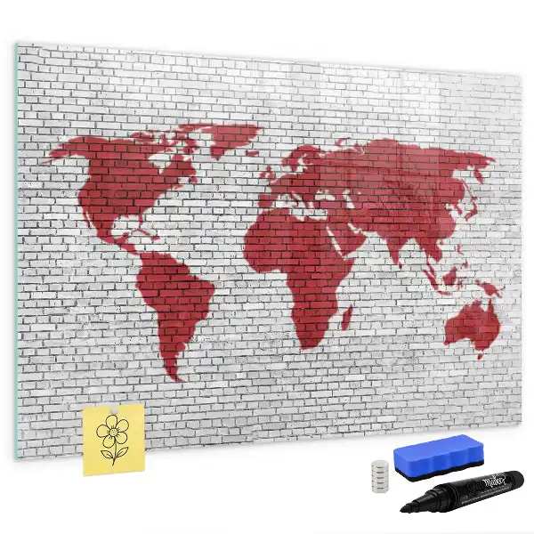 Tablă magnetică cu ștergere uscată cu design de hartă a lumii pe perete de cărămidă