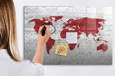 Tablă magnetică cu ștergere uscată cu design de hartă a lumii pe perete de cărămidă
