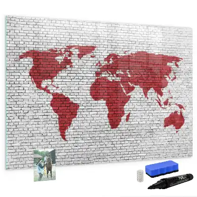 Tablă magnetică cu ștergere uscată cu design de hartă a lumii pe perete de cărămidă