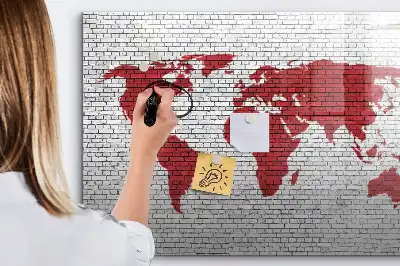 Tablă magnetică cu ștergere uscată cu design de hartă a lumii pe perete de cărămidă