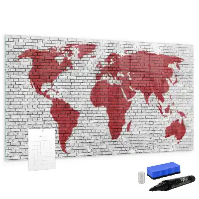 Tablă magnetică cu ștergere uscată cu design de hartă a lumii pe perete de cărămidă