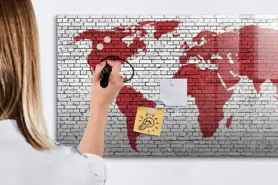 Tablă magnetică cu ștergere uscată cu design de hartă a lumii pe perete de cărămidă