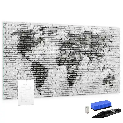 Tablă magnetică cu ștergere uscată cu hartă a lumii pe perete de cărămidă