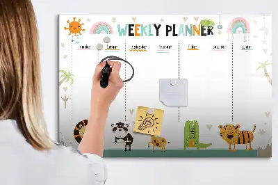 Tablă magnetică cu ștergere uscată cu model cu animale și planificator săptămânal