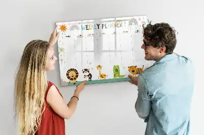 Tablă magnetică cu ștergere uscată cu model cu animale și planificator săptămânal