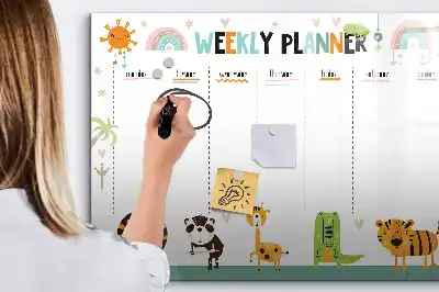 Tablă magnetică cu ștergere uscată cu model cu animale și planificator săptămânal