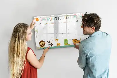 Tablă magnetică cu ștergere uscată cu model cu animale și planificator săptămânal
