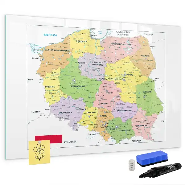 Tablă magnetică pentru scris cu carioca cu harta Poloniei