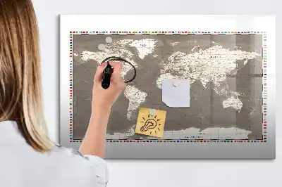 Tablă magnetică cu ștergere uscată cu design harta maro a lumii