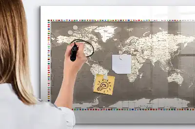 Tablă magnetică cu ștergere uscată cu design harta maro a lumii