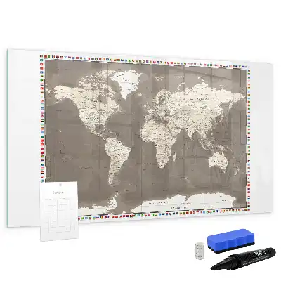 Tablă magnetică cu ștergere uscată cu design harta maro a lumii