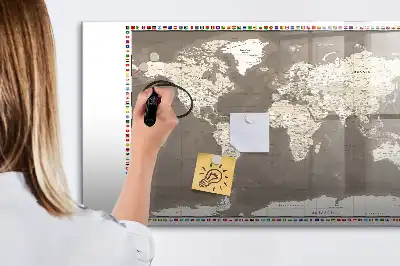 Tablă magnetică cu ștergere uscată cu design harta maro a lumii