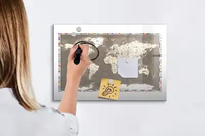 Tablă magnetică cu ștergere uscată cu design harta maro a lumii