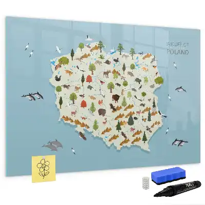 Tablă magnetică cu ștergere uscată cu harta animalelor din Polonia