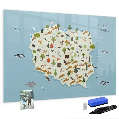 Tablă magnetică cu ștergere uscată cu harta animalelor din Polonia