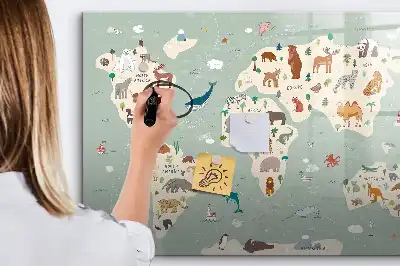 Tablă magnetică cu ștergere uscată cu harta lumii animale