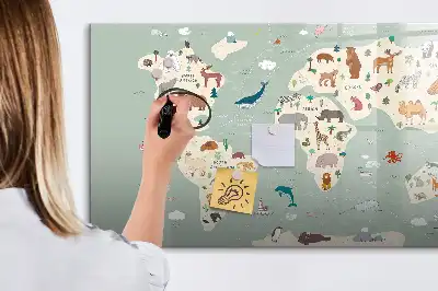 Tablă magnetică cu ștergere uscată cu harta lumii animale