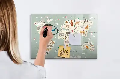 Tablă magnetică cu ștergere uscată cu harta lumii animale