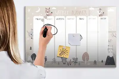 Tablă magnetică cu ștergere uscată planificator săptămânal cu model cu animale