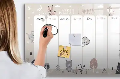 Tablă magnetică cu ștergere uscată planificator săptămânal cu model cu animale