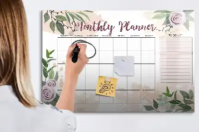 Tablă magnetică cu ștergere uscată cu model floral de trandafiri