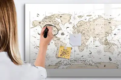 Harta lumii vintage cu suprafață magnetică pentru ștergere uscată
