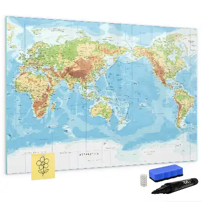 Tablă magnetică cu ștergere uscată cu harta fizică a lumii