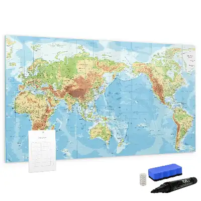 Tablă magnetică cu ștergere uscată cu harta fizică a lumii
