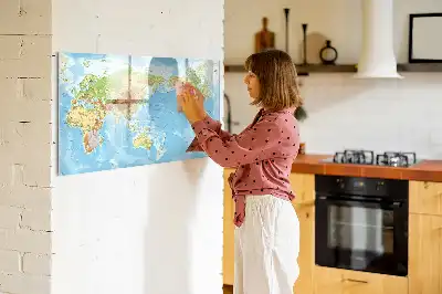 Tablă magnetică cu ștergere uscată cu harta fizică a lumii