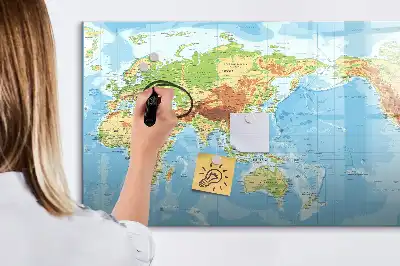 Tablă magnetică cu ștergere uscată cu harta fizică a lumii