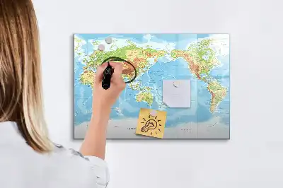 Tablă magnetică cu ștergere uscată cu harta fizică a lumii