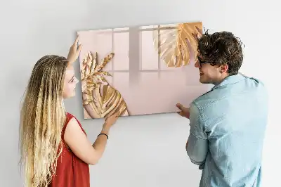 Tablă magnetică cu ștergere uscată cu model de frunze tropicale aurii