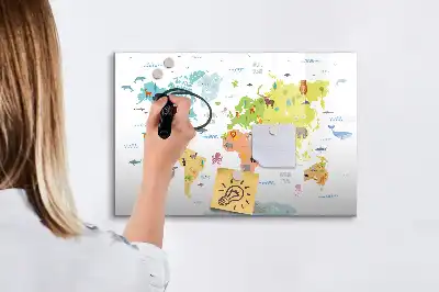 Tablă magnetică cu ștergere uscată model harta lumii animale