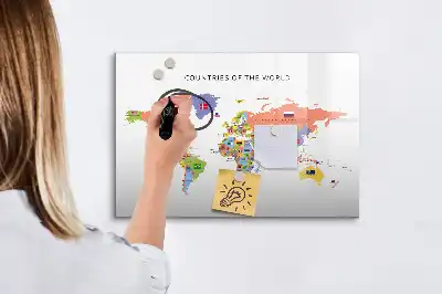 Tablă magnetică cu ștergere uscată cu harta lumii și steaguri