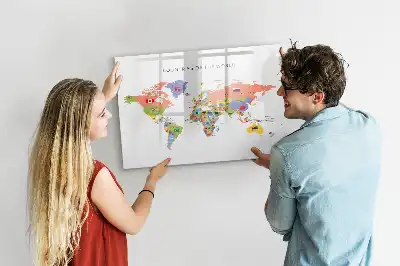 Tablă magnetică cu ștergere uscată cu harta lumii și steaguri