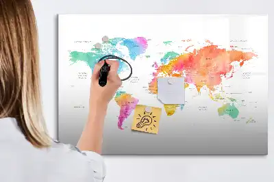 Tablă magnetică cu ștergere uscată cu hartă a lumii în acuarelă