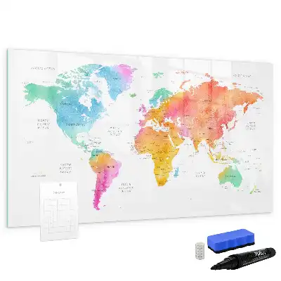 Tablă magnetică cu ștergere uscată cu hartă a lumii în acuarelă