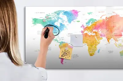 Tablă magnetică cu ștergere uscată cu hartă a lumii în acuarelă