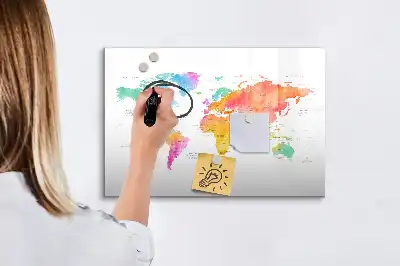 Tablă magnetică cu ștergere uscată cu hartă a lumii în acuarelă