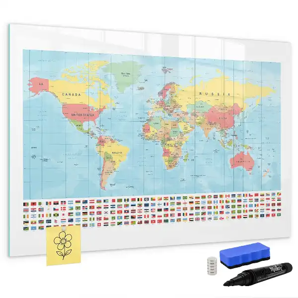 Tablă magnetică cu ștergere uscată cu harta geografică a lumii