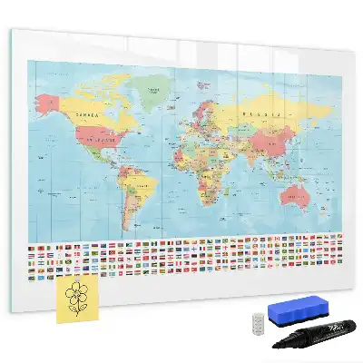 Tablă magnetică cu ștergere uscată cu harta geografică a lumii